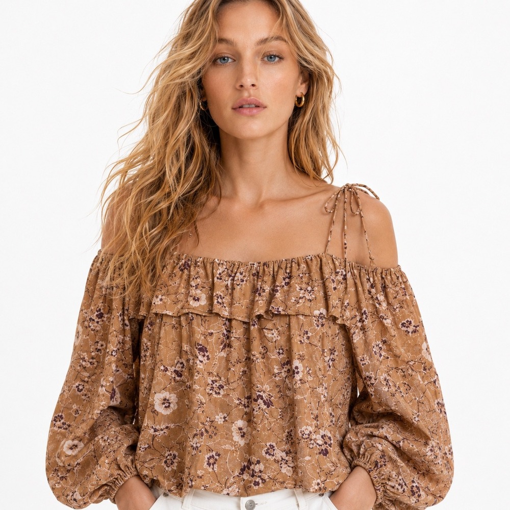 Ulla‎ Johnson Coline Silk Boho Floral Ruffle Tan Blouse Off Shoulder Size 2